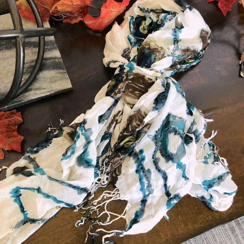 Christopher & Banks Teal Brown Peacock Print Light Scarf